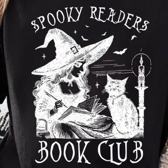 Spooky Readers Book Club Shirt, Witch Reading Cat Tee - Picture 2 of 3